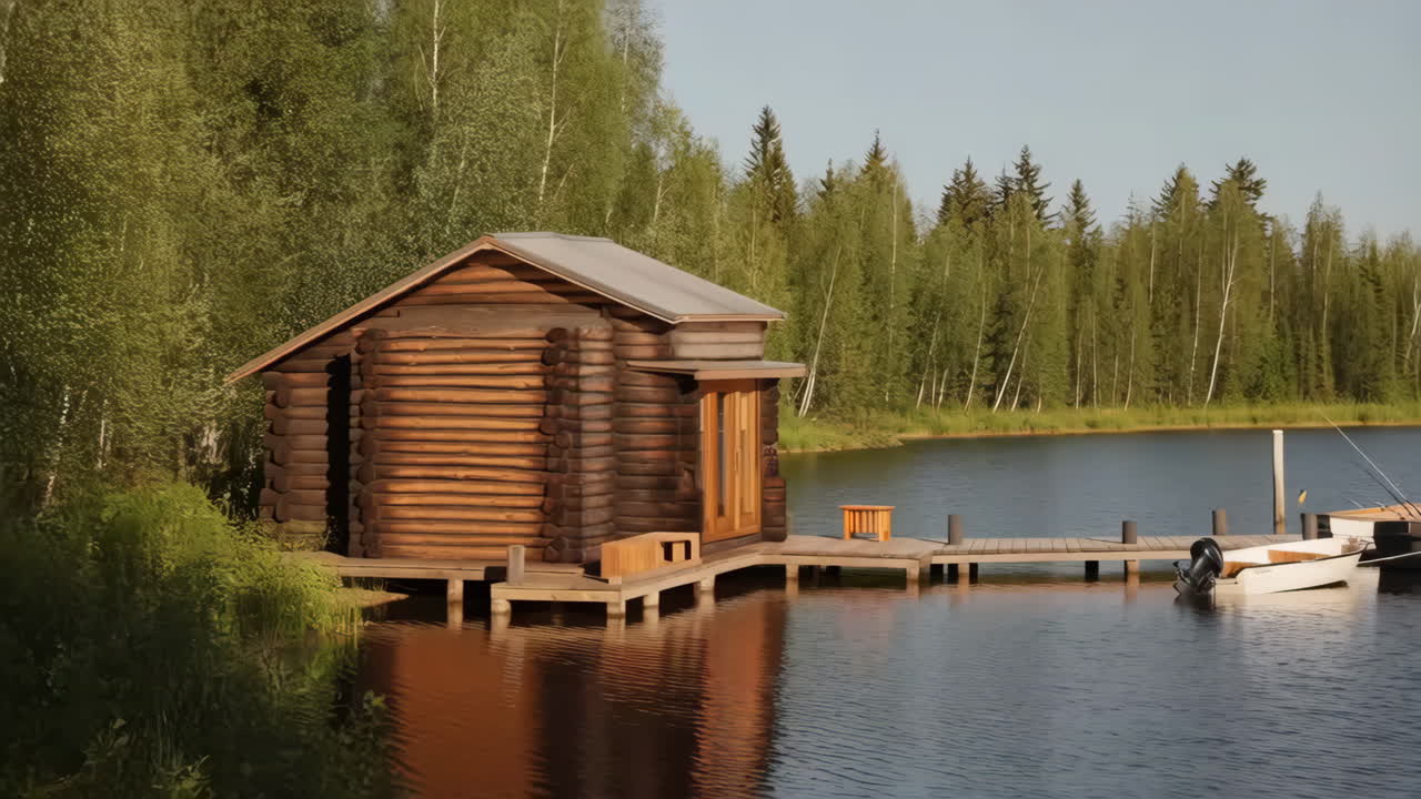 A tranquil wooden cabin and boats on a serene lake with a forest backdrop