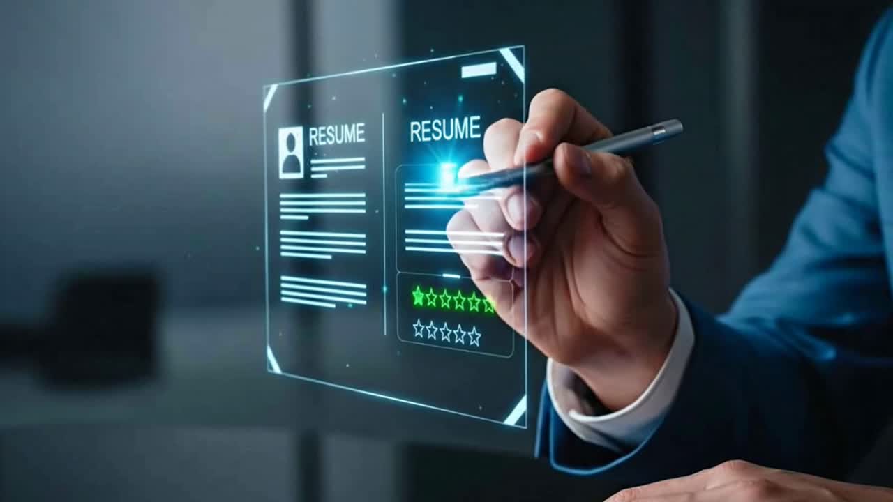A person is writing on a computer screen that has a resume on it