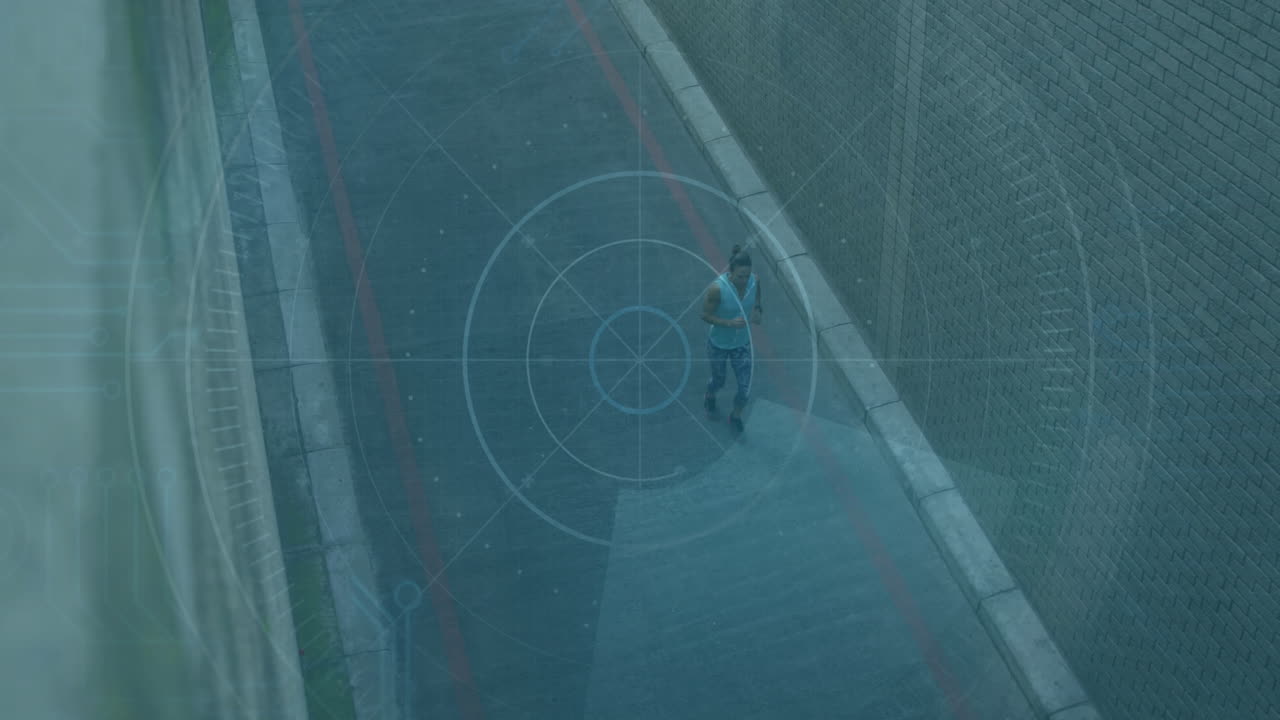 Walking on street, person with digital target overlay animation displayed