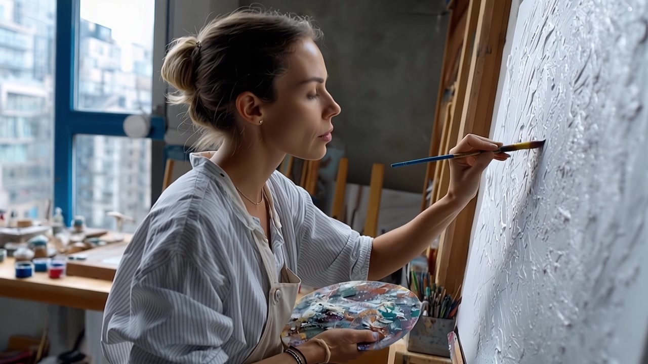 Ung kvinde maler på lærred i et kunststudie.