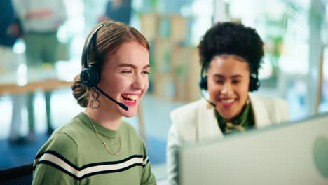 smiling customer service representatives working in an office