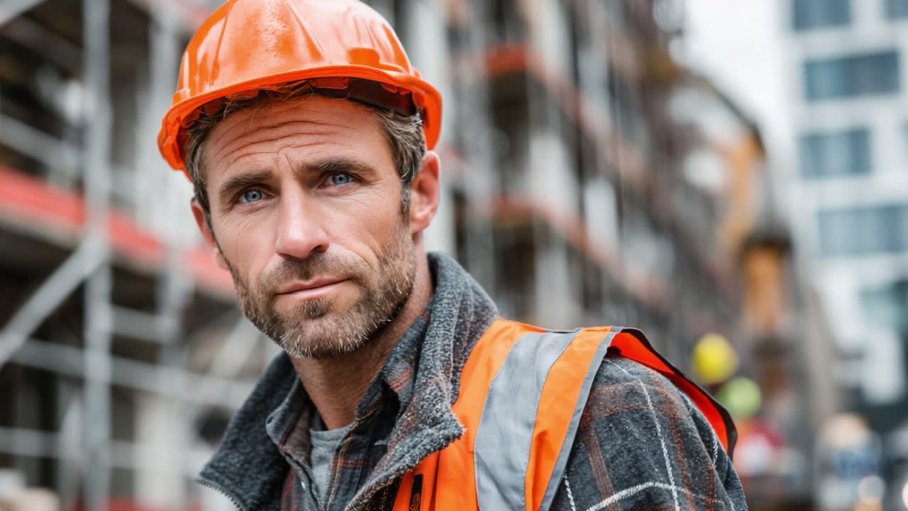 Focused Construction Worker Wearing Safety Gear, Showcasing Determination and Professionalism Amidst Urban Development Environment