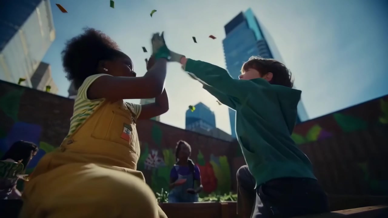 Diverse Group of Children Gardening in Urban Rooftop Community Garden