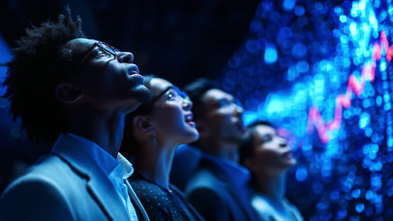 A group of diverse individuals gazes in awe at a stunning visual display, captivated by the intricate patterns of light and data swirling in a high-tech digital environment