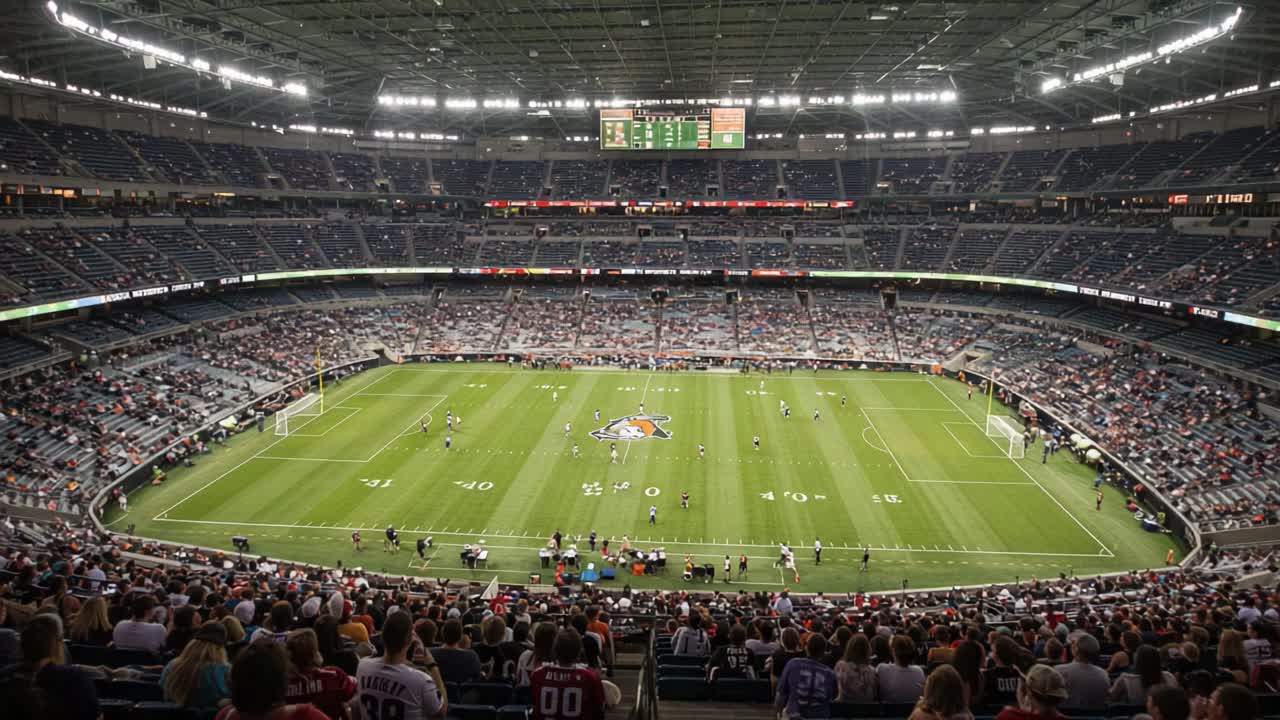 Aerial View of an Expansive Stadium Filled with Enthusiastic Fans and Players Engaged in an Exciting Match in a Packed Arena