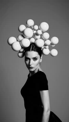 monochrome fashion portrait of a woman with abstract sphere headpiece
