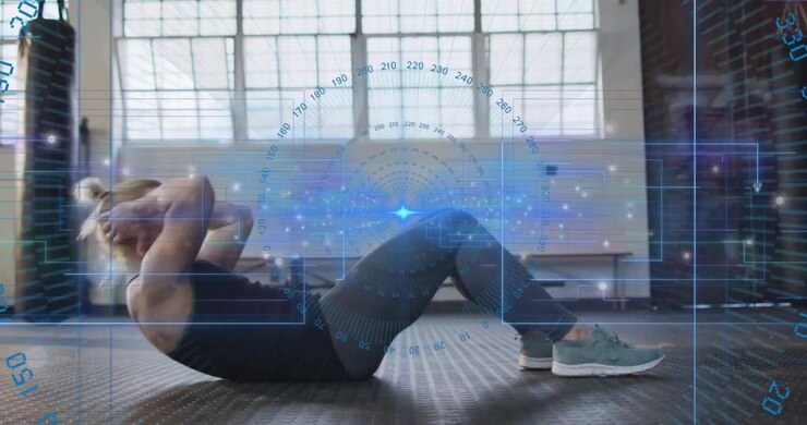 Woman starting seated, leaning back, doing abdominal crunches in gym with HUD tracking reps
