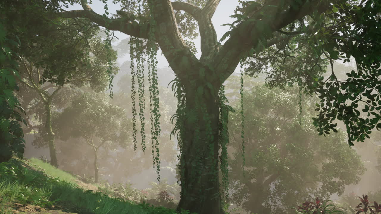 selva verde exuberante con rayos de sol brillando a través de la niebla