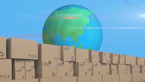 Animation-of-stacked-up-cardboard-boxes-moving-on-a-conveyor-belt-with-globe-spinning-on-blue-backgr