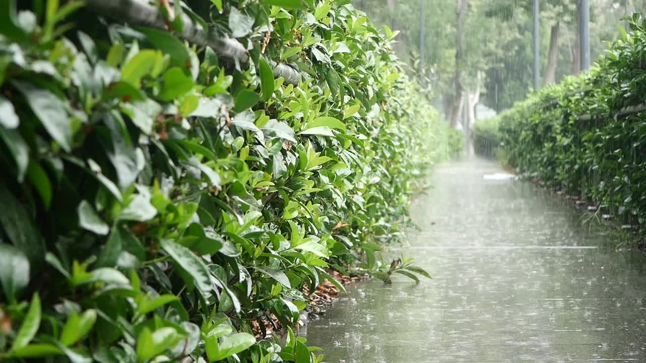 울창한 초록색 울타리를 가로질러 비가 오는 날의 길