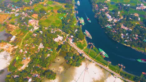 aerial top down view over water transport system in the canal connecting two sides of land