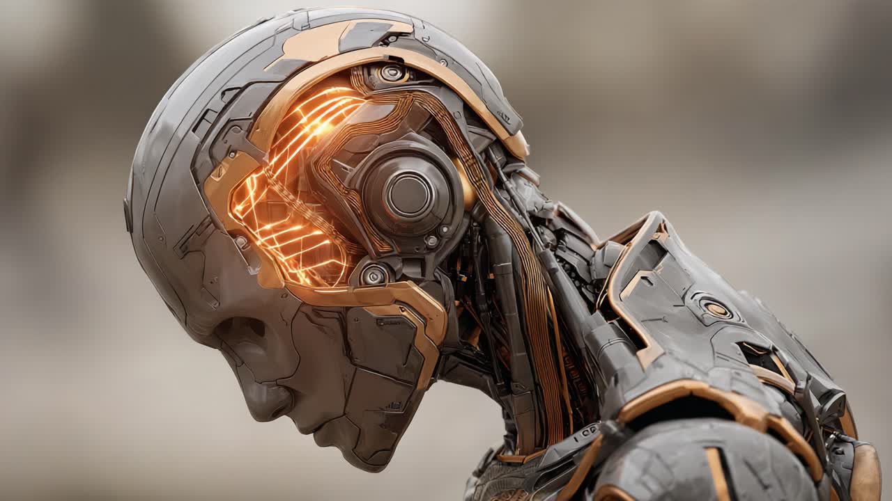 A Futuristic Robotic Head with Glowing Elements Revealing Advanced Technology, Exploring the Intersection of Humanity and Machines in a Captivating Close-Up