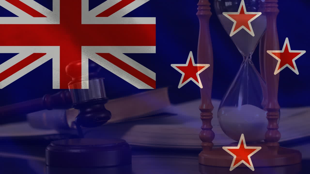 Digitally animation of England Flag, hour glass and gavel 4k