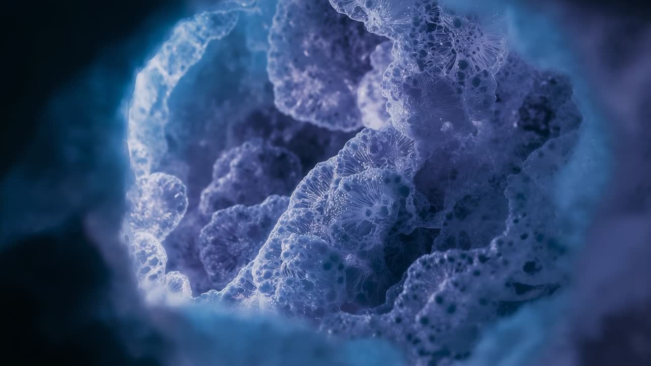 Rising violet lighting from left revealing porous foam lattice through ring at macro scale