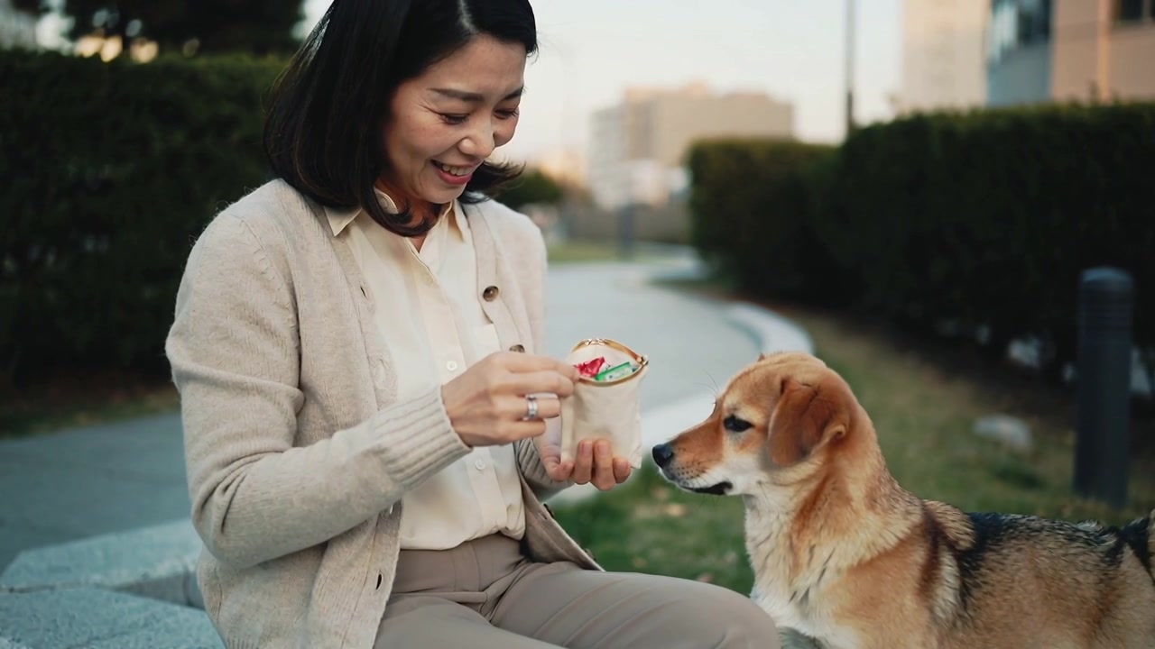 Opening pouch, Asian woman pulling treat toward dog at park bench, rewarding pet wearing cardigan