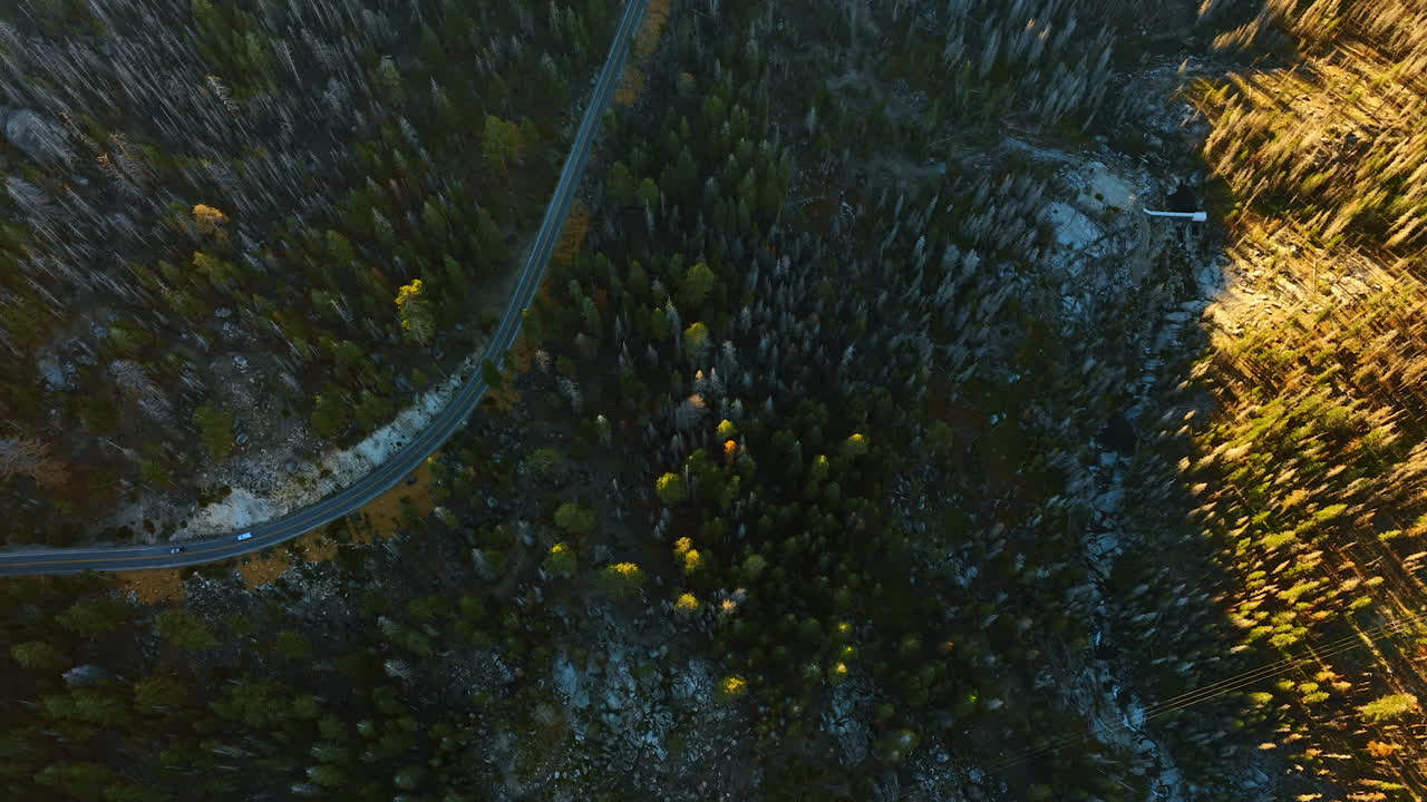 Sierra National Forest, California at sunset. Highway in the mountains among the pine trees from top.