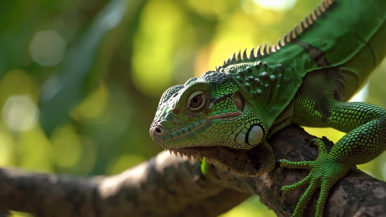A close-up of a green iguana on a tree branch