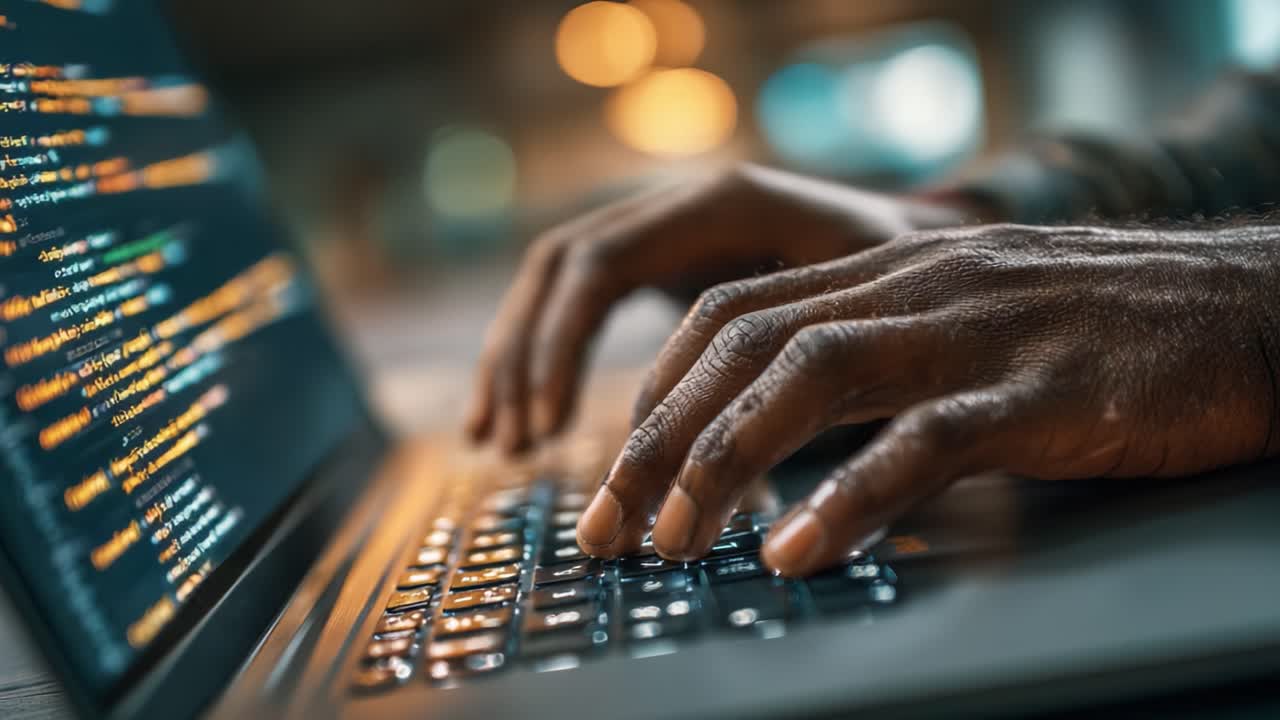 A Close-Up View of Hands Typing Code on a Laptop, Highlighting the Intensity and Focus of a Programmer Engaged in Software Development at a Modern Workspace