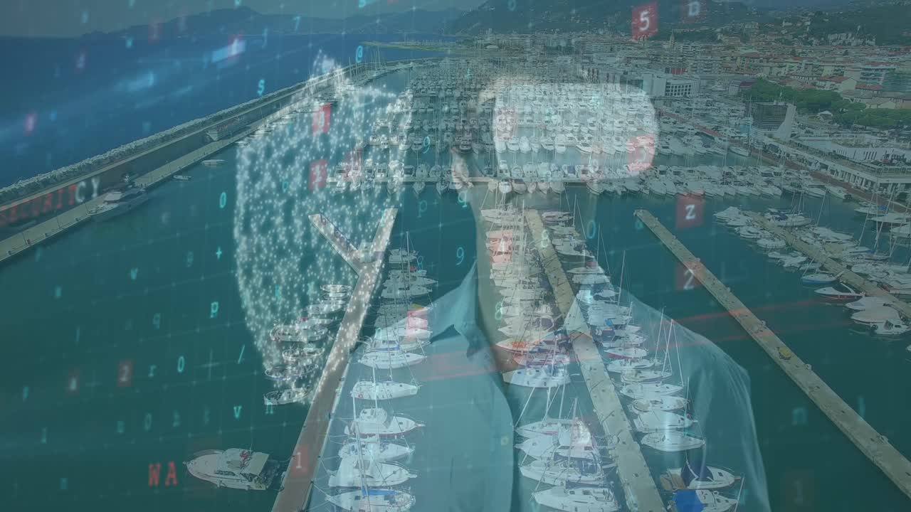 사이버 보안의 애니메이션, vr 헤드 ⁇ 과 도시 풍경에서 백인 남성 위의 디지털  ⁇ 락