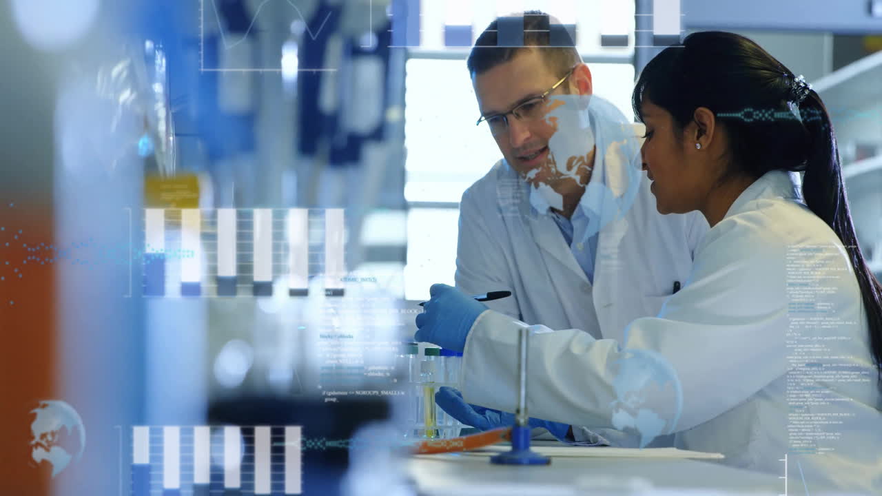 animación del procesamiento de datos científicos sobre diversos científicos en el laboratorio