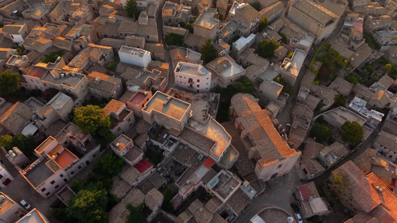 Aerial View Of Erice Comune Residential House at Sunset In Trapani, Italy