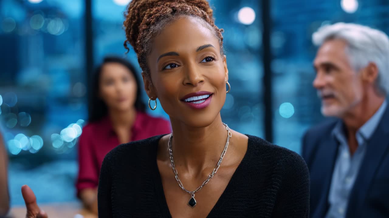 Engaging Conversation Between Professionals: A Smiling Woman Leads the Dialogue in a Modern Workspace Setting with City Lights in the Background, Showcasing Collaboration and Connection in a Dynamic Environment