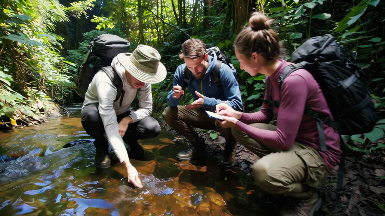 Group Exploring a Rainforest Stream