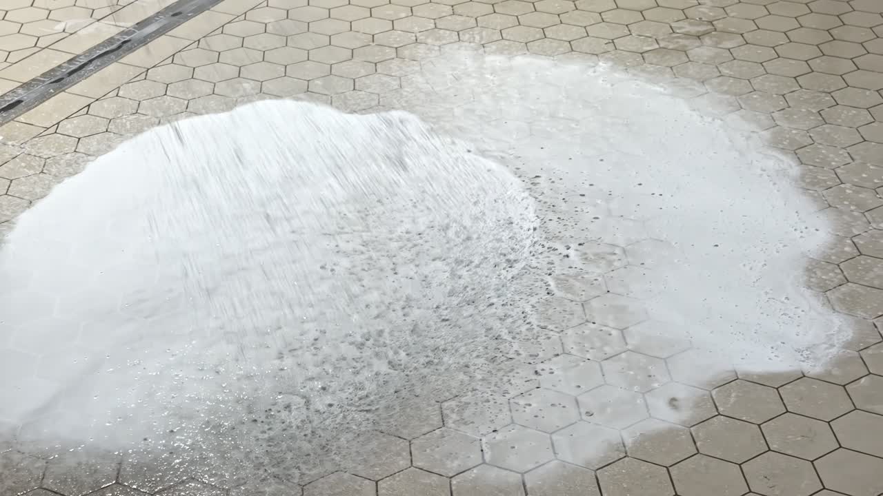 Cleaning powder on tile floor showing hexagonal pattern close-up