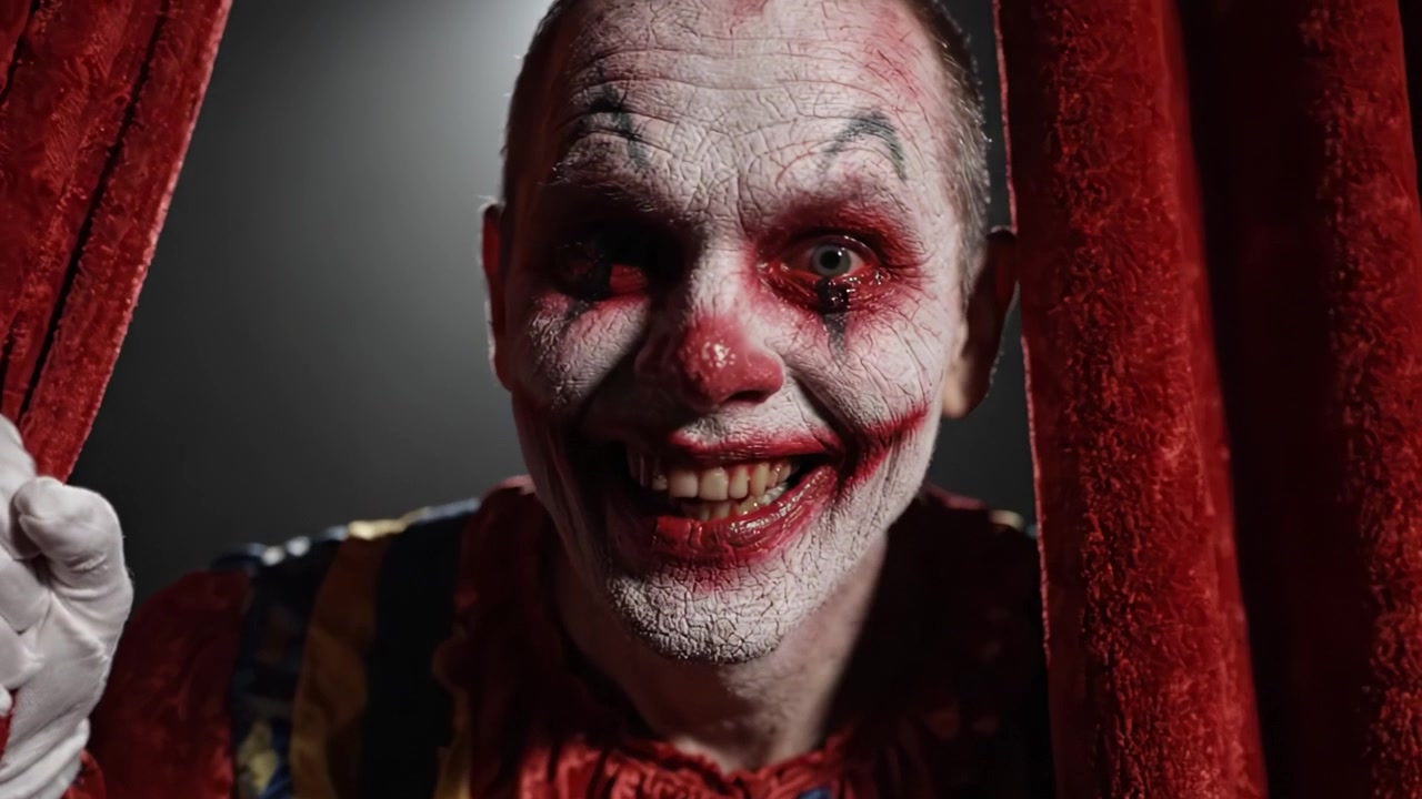 A Dramatic Reveal: From Behind the Red Curtains, a Clown Emerges with a Sinister Smile, Blending Eerie Humor and Intrigue in a Captivating Performance
