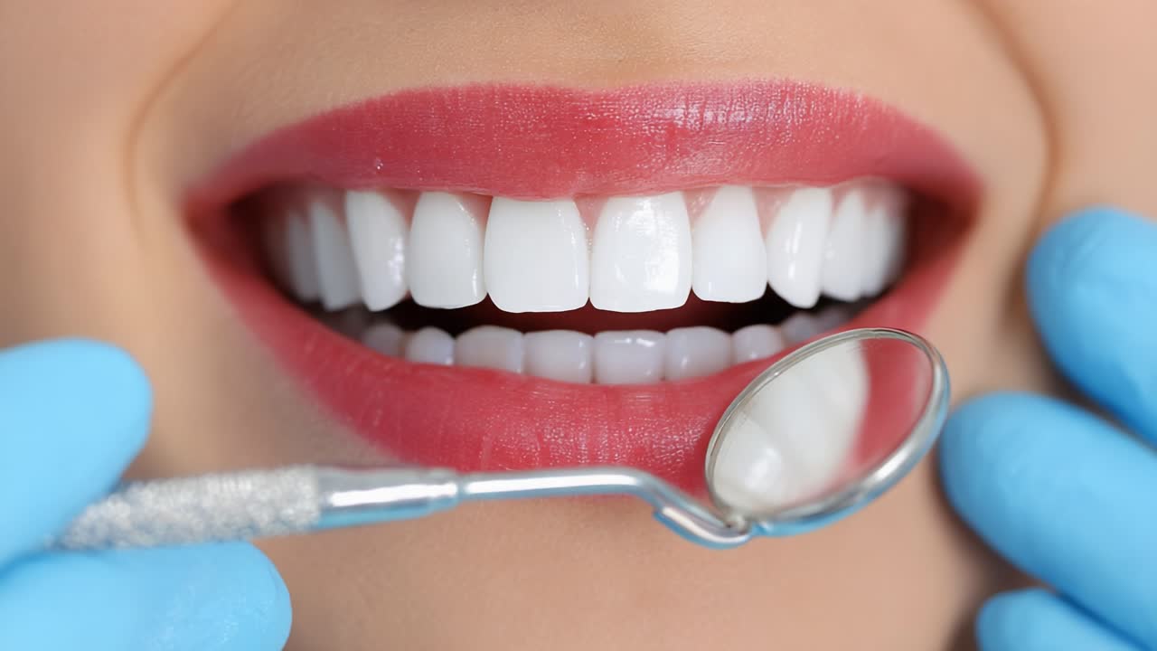 A Close-Up of a Perfect Smile: Showcasing Bright White Teeth and Confidence with Dental Tools and Healthy Oral Hygiene Practices