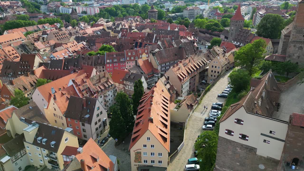 4K Aerial Drone Video of the Heathens' Tower, Sinwell Tower, and Historic Homes Around the Imperial Castle in Downtown Nurnberg, Germany