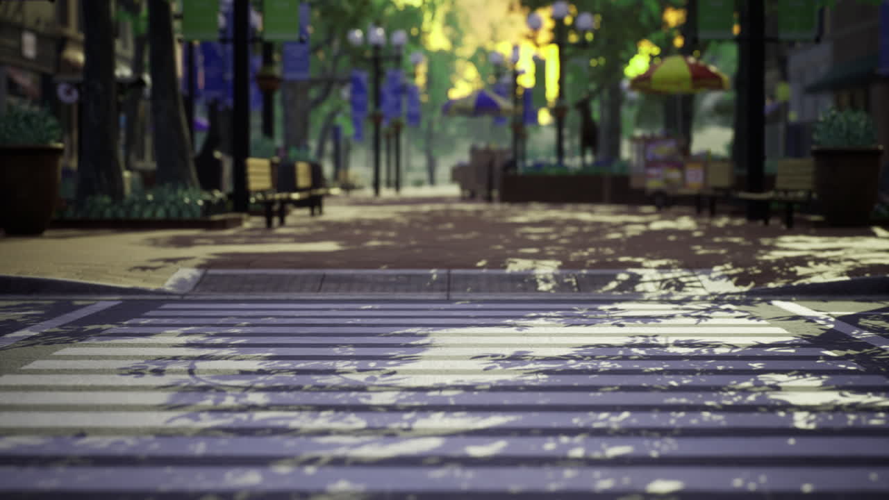 Park pathway with wet crosswalk after a rain shower on a sunny afternoon