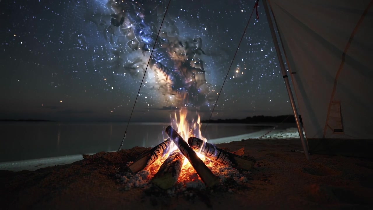 Braci che si spostano, tronchi di falò che emettono fiamme tremolanti sulla riva sabbiosa sotto la Via Lattea