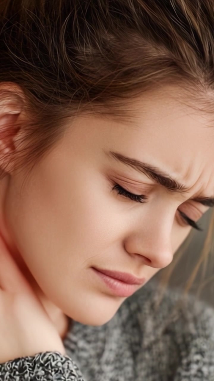 Un primo piano emotivamente intenso di una donna in difficoltà, che esprime disagio fisico intorno al collo e alla zona delle spalle, accennando a lotte personali