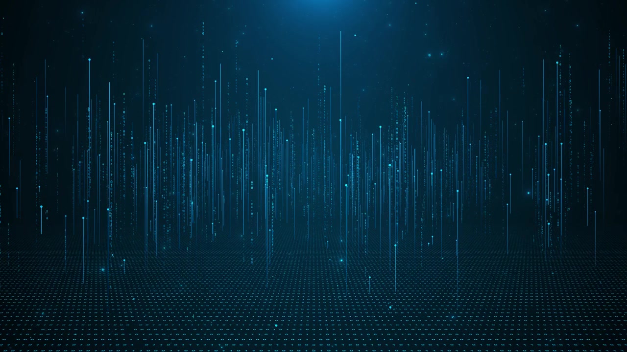 Futuristic binary line visual features rising digital streams glowing dots grid surface data videos