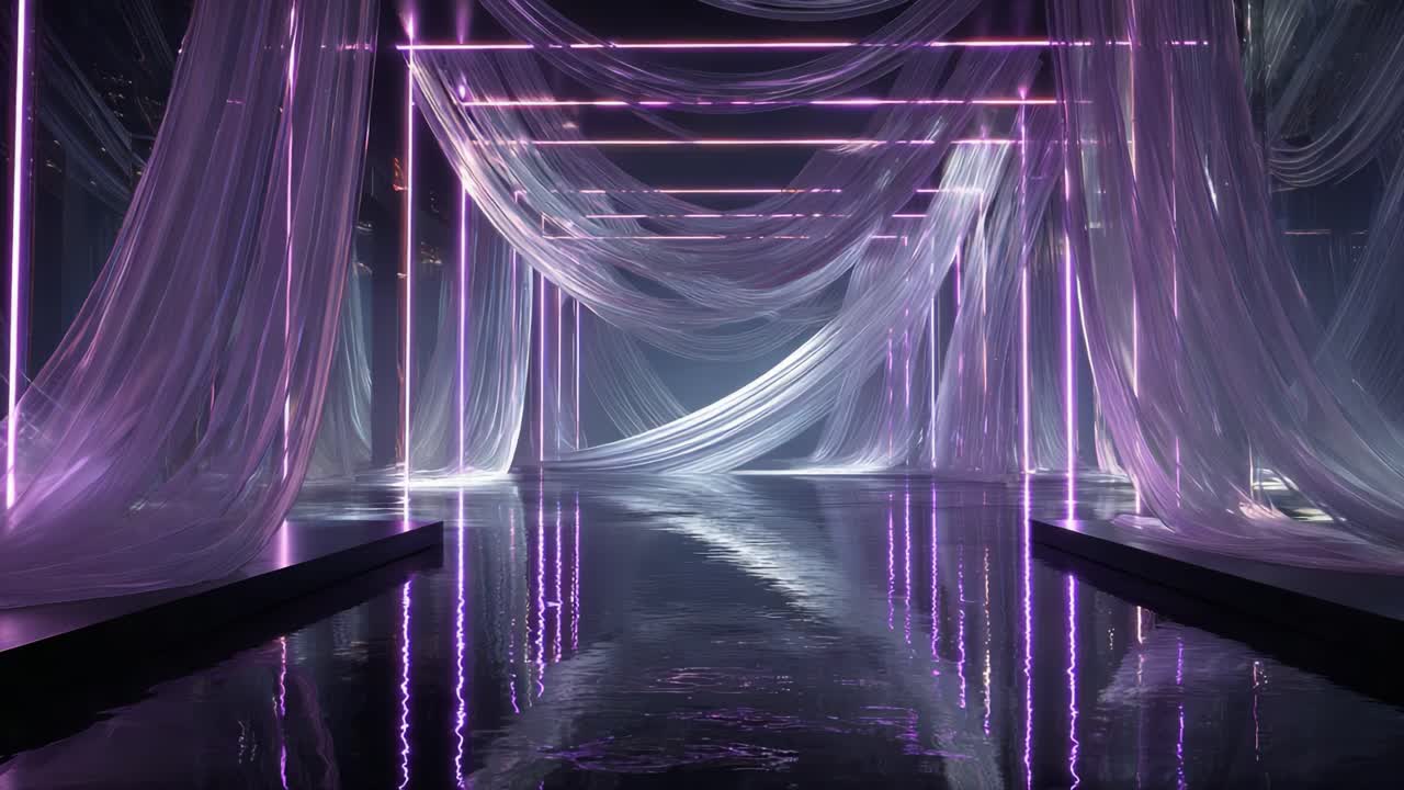 A mesmerizing digital landscape featuring flowing translucent fabrics, enhanced by vibrant purple neon lights creating an ethereal atmosphere in a reflective space