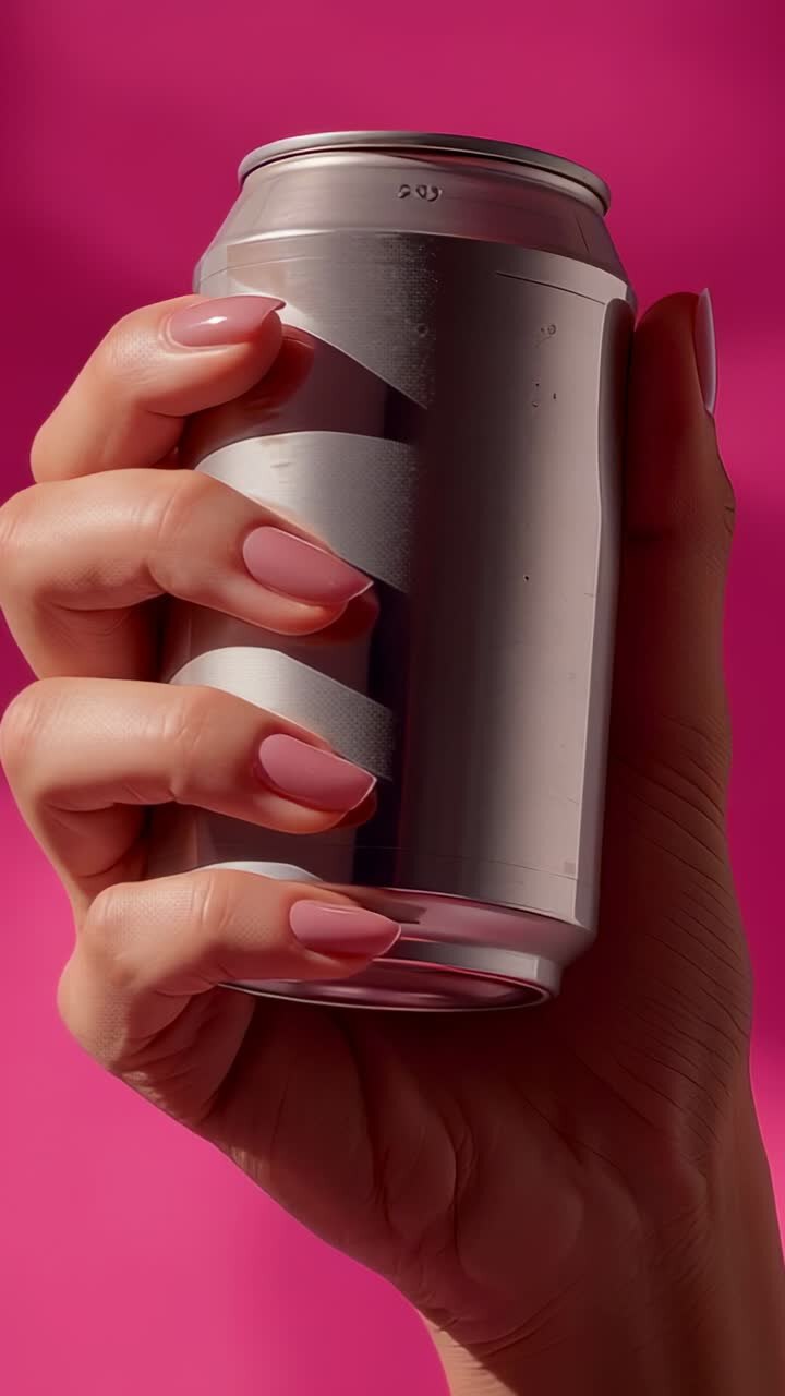Vertical video: Entering hand rotating metal can against fuchsia backdrop, revealing metal surface