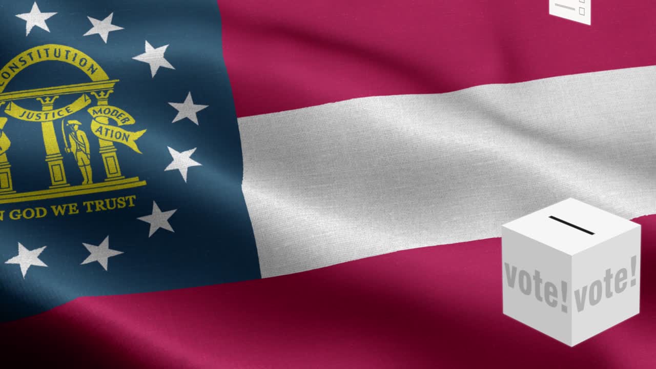 estado de georgia - las papeletas de votación vuelan a la caja para la selección de georgia - caja de votación frente a la bandera - elección - voto - bandera nacional patrón de onda del estado de georgia elementos loopable - textura de tela y bucle sin fin - bandera loopable del estado de george - banderas estatales de américa
