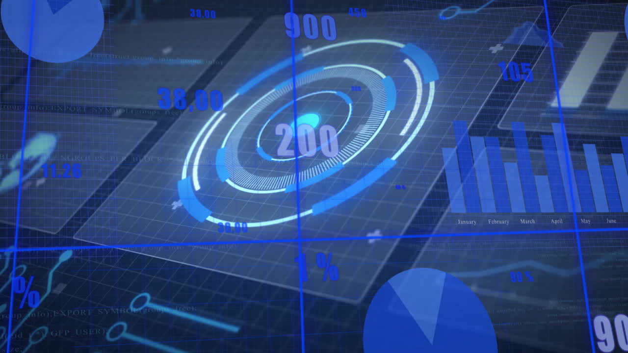 In school, animation showing digital data visualization with blue graphs and charts