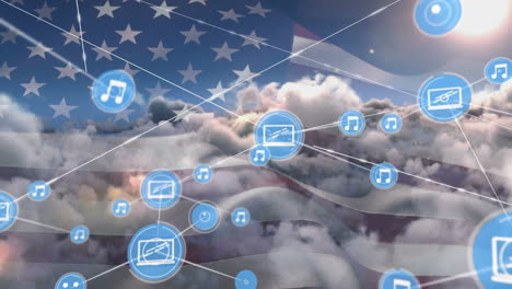 animation of network of connections with icons over flag of united states of america and sky