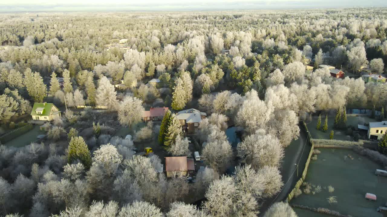 Aerial glide above a small town and surrounding forest coated in hoar frost, as low morning sunlight creates long shadows and reveals a calm late autumn landscape