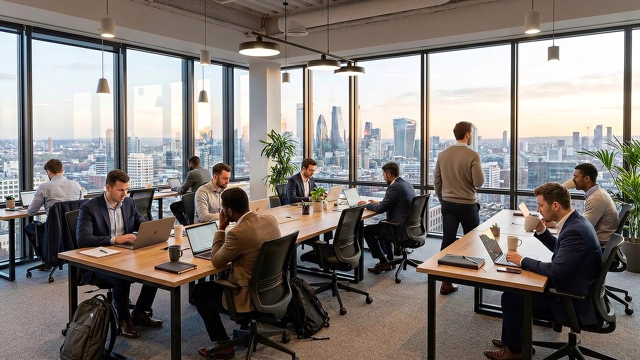 Diverse Professionals Working in Modern Open Plan Office with City Skyline View