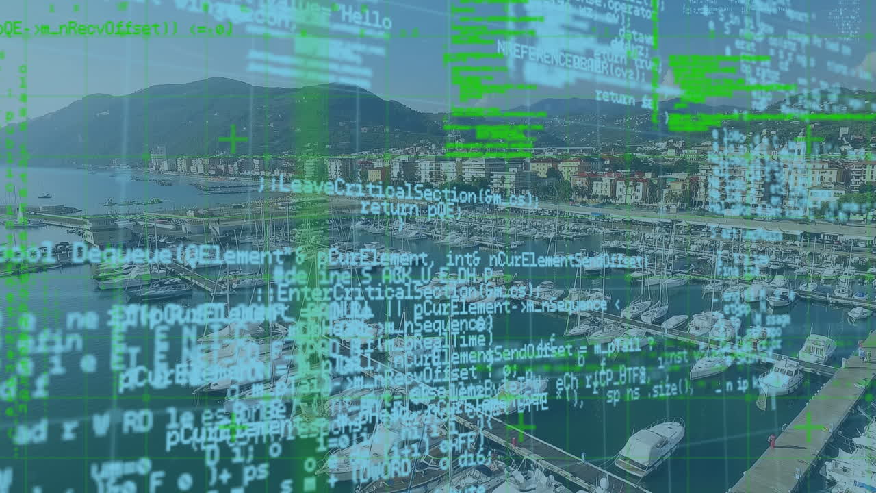 Animation of data processing over cityscape