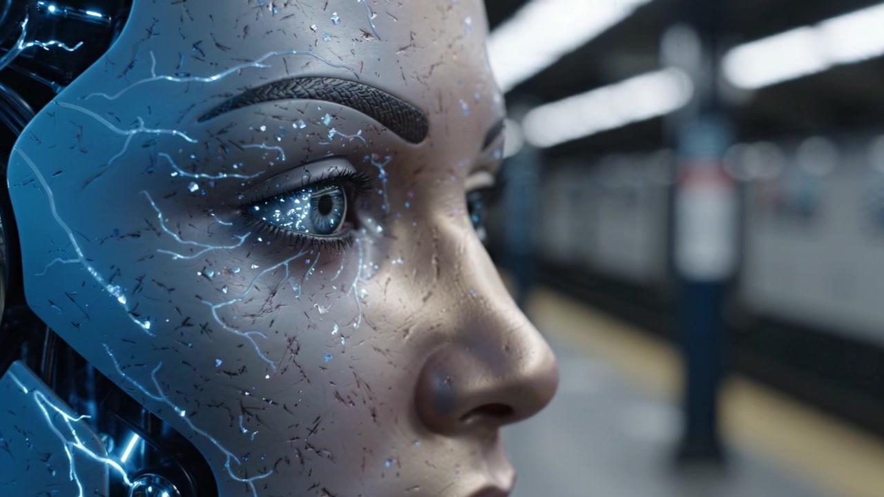 Un robot umanoide futuristico con circuiti intricati e caratteristiche luminose si trova in una stazione della metropolitana, enfatizzando concetti di tecnologia avanzata e intelligenza artificiale.