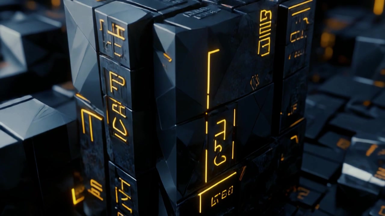 Abstract 3D Geometric Cube with Glowing Orange Symbols