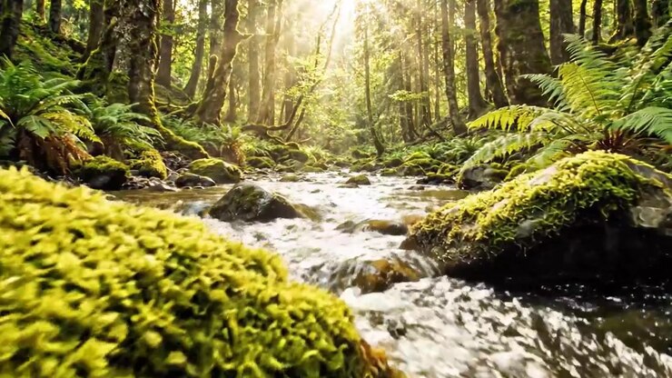 Un sereno ruscello nel bosco scintilla sotto la luce dorata del sole, mostrando la bellezza della natura con una vegetazione lussureggiante e acque tranquille, invitando alla pace e alla riflessione.