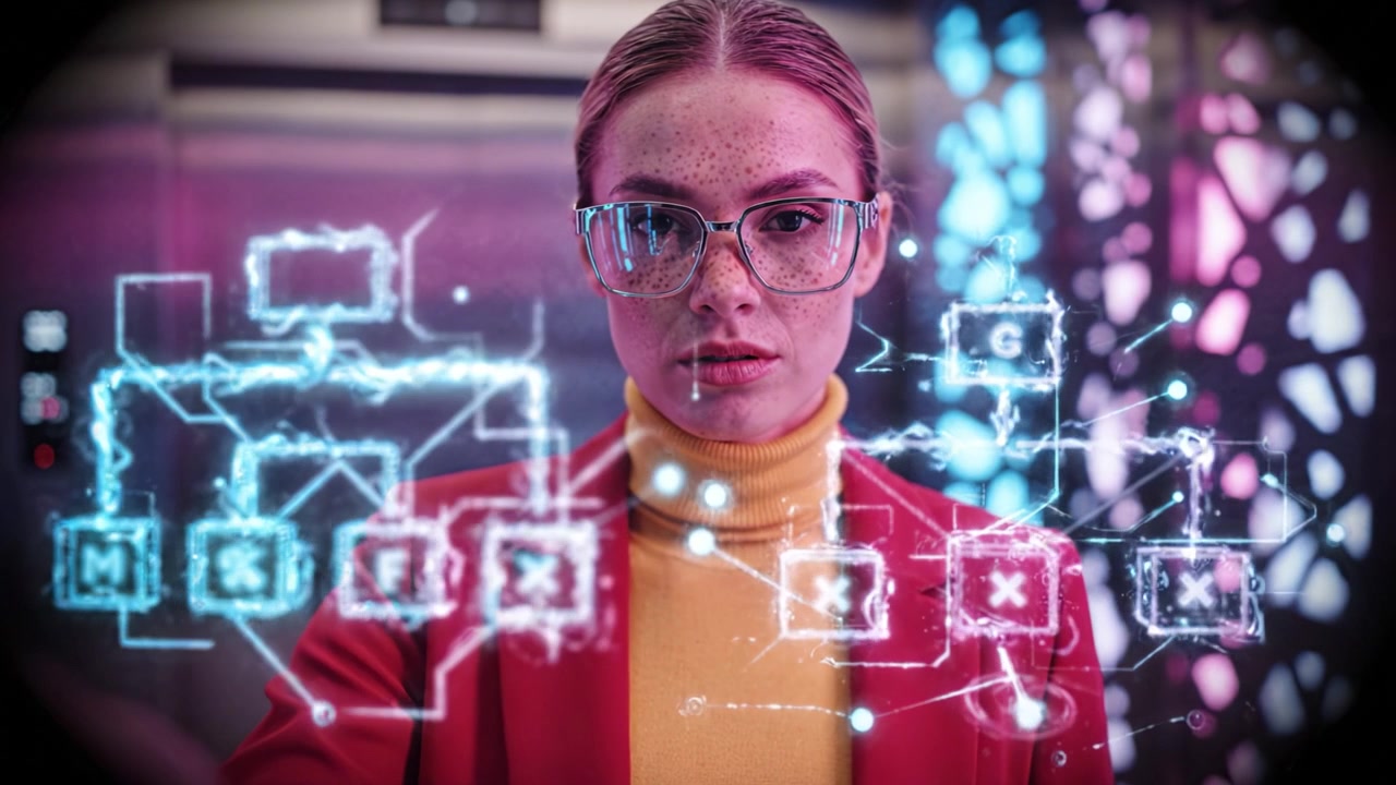 A confident woman in a vibrant red suit and large glasses presents a digital interface with flowcharts, illustrating innovation in a futuristic elevator setting.