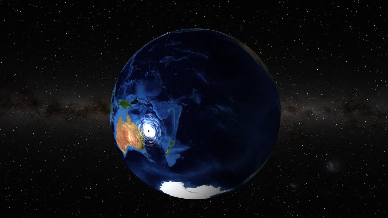 오스트레일리아에서 형성되는 사이클론을 묘사하는 동적 애니메이션으로 대기 운동과 지구의 회전을 우주 환경에서 보여줍니다.