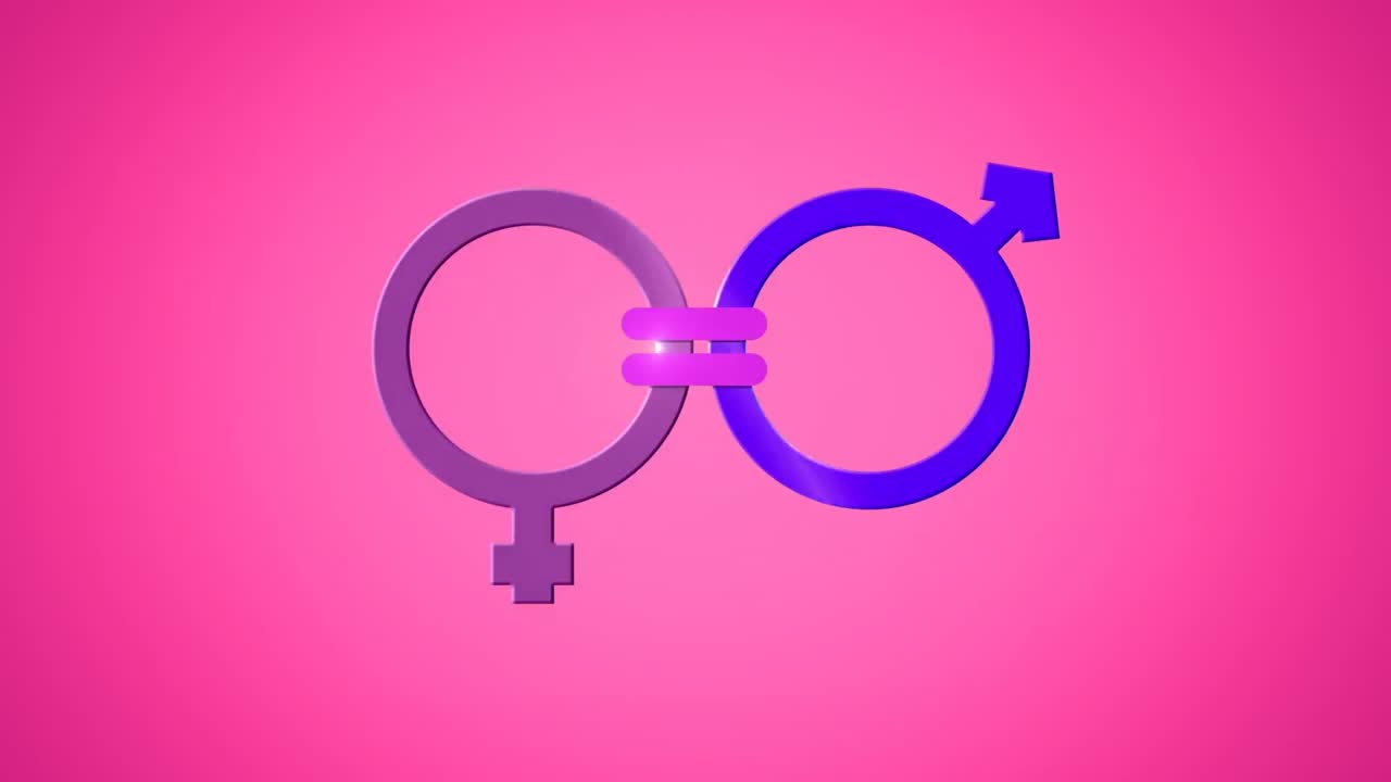 Animazione di simboli di genere maschile e femminile rosa e blu uniti da un segno di uguale, su sfondo rosa.