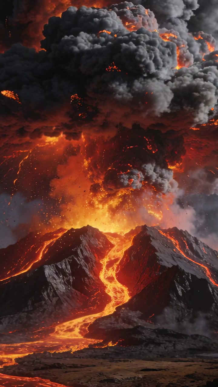 Vertical video: Magma rising, volcano erupting and sending ash plume, lava channel flowing